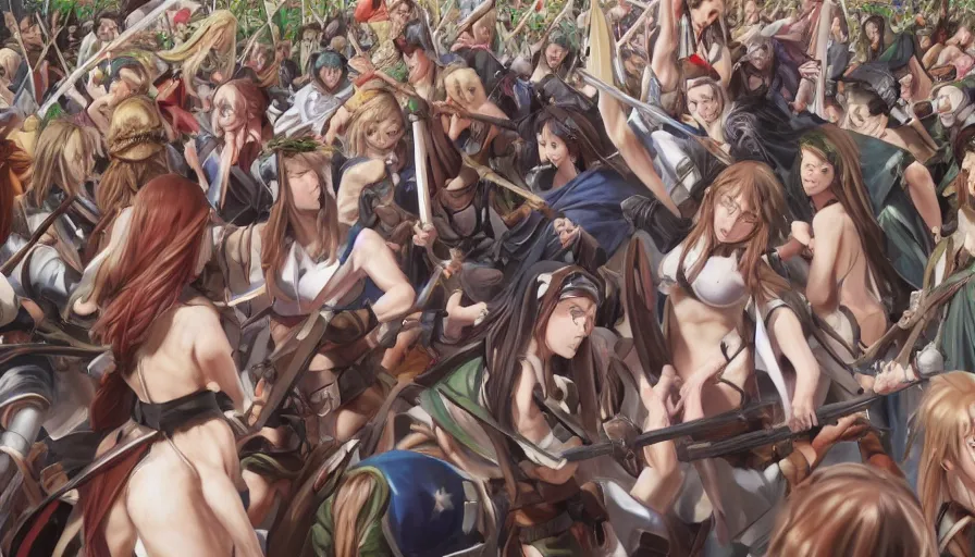 Image similar to jesus christ our lord leading an army of anime girls into battle, photorealistic, anime, mini skirt, long hair, renaissance painting, hyper real, detailed, closeup shot, ultra detailed