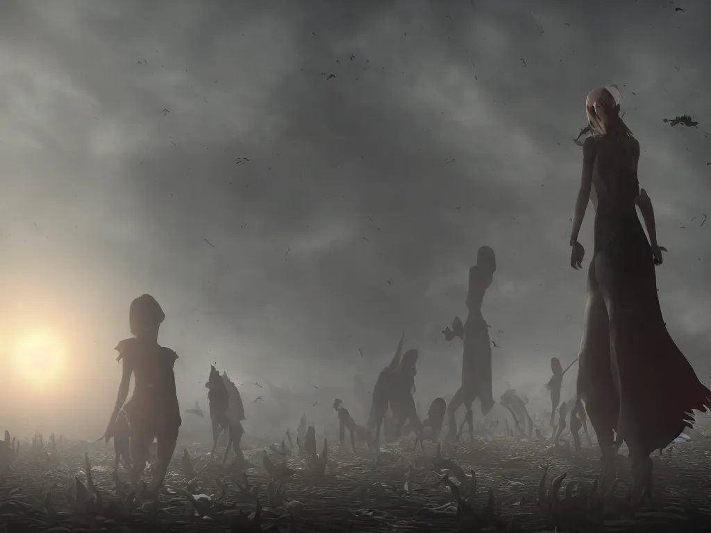 Prompt: The girl and the sun, ghouls swarming in the background, low angle, dark and mysterious, stopped in time, atmospheric, ominous, eerie, cinematic, Epic, 8k, 4k, ultra detail, ultra realistic, rendered by awesomeness