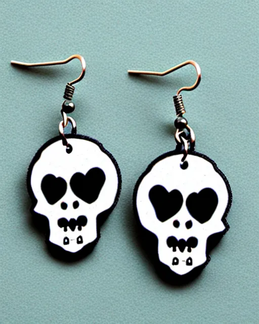 Image similar to spooky cartoon skull, 2 d lasercut earrings, in the style of corbin