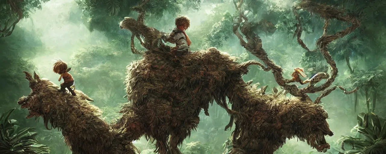 Image similar to an intricate concept illustration of a boy riding on fluffy creature exploring the jungle, artstation, fantasy, hyper realistic, concept art, art by dylan cole, cinematic lighting, fantasy color palette