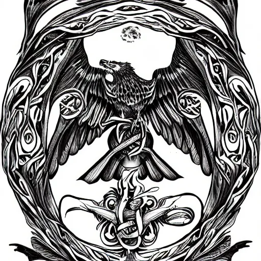 Prompt: three eyed raven as ouroboros mystic occult illustration for tattoo, symbolism mythos, highly detailed line drawing, design concepts