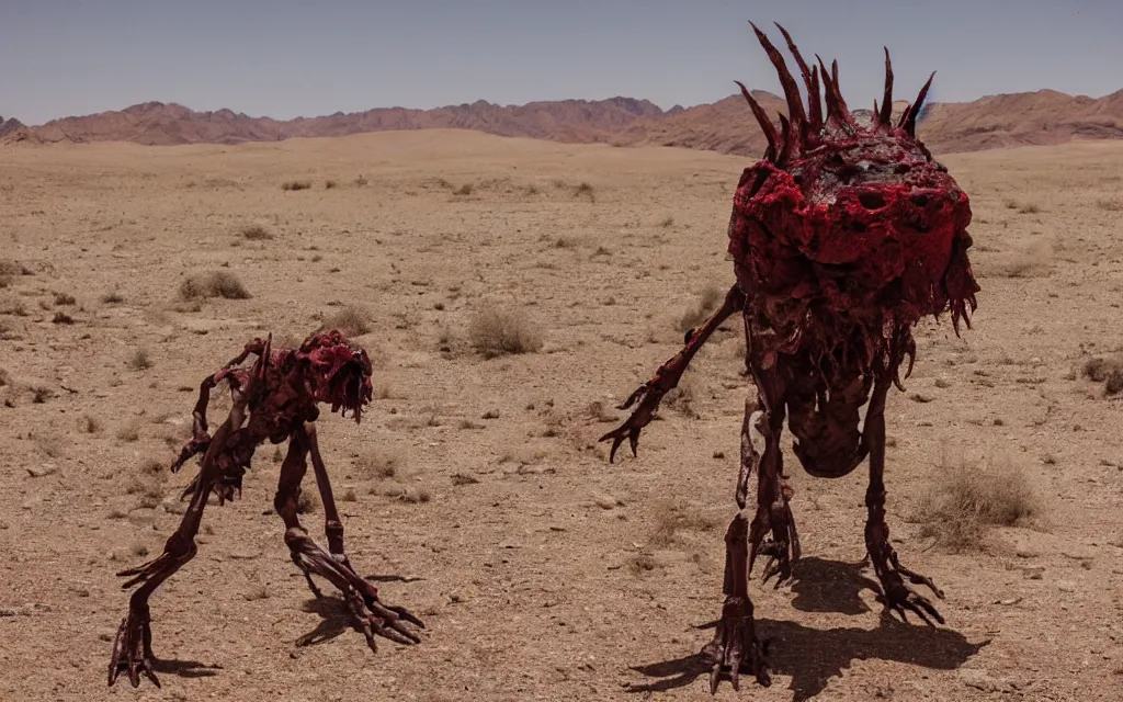 Image similar to in the desert a bloody gross horrifying The Thing creature made of muscle and bone and blood stares at the camera, eating, it walks on two legs, mid day, 35mm photography, realistic,