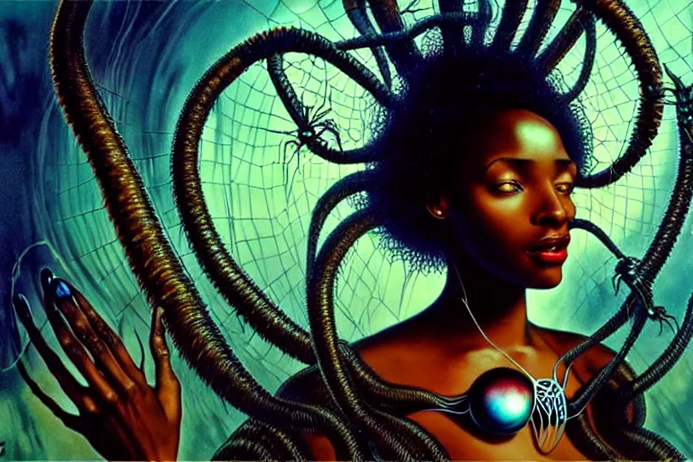 Prompt: realistic detailed photorealistic portrait movie shot of a beautiful black woman with a giant spider, sci fi background by denis villeneuve, amano, yves tanguy, alphonse mucha, ernst haeckel, david lynch, edward robert hughes, roger dean, cyber necklace, rich moody colours, wide angle