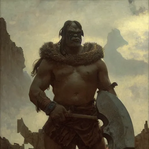 Image similar to half portrait of orc barbarian wearing a closed cowl holding a axe! jeremy mann, jean leon gerome, alphonse mucha, greg rutkowski, hood covers his eyes, ( ( ruins of ancient rome ) ), at dusk, mysterious atmosphere, sunrays, dof, masterpiece, high detailed, 8 k