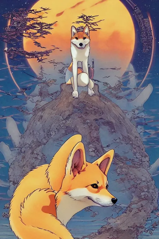 Image similar to poster of a shiba inu as a giant fox spirit, studio ghibli aesthetic, by yoichi hatakenaka, masamune shirow, josan gonzales and dan mumford, ayami kojima, takato yamamoto, barclay shaw, karol bak, yukito kishiro