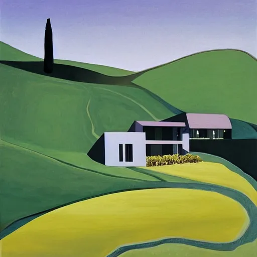 Image similar to solarpunk dreaming a toscana landscape with curious modern houses, painted by Alex Katz, highly detailed