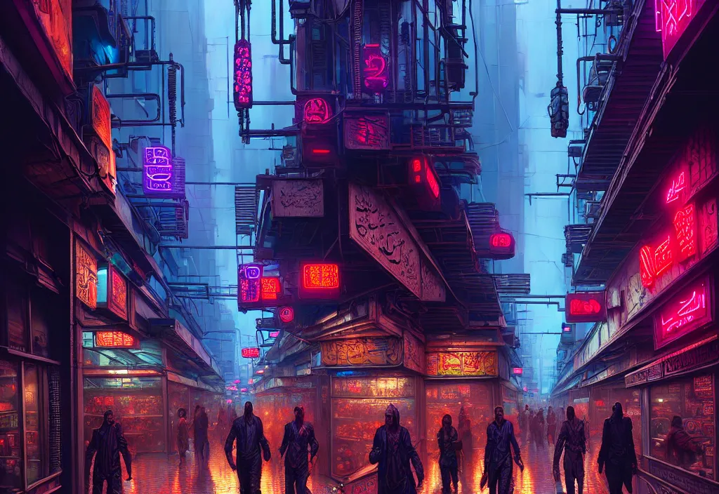 Image similar to a highly detailed bazaar street in the cyberpunk megacity of new washington, amazing cyberpunk digital painting, by gerald brom, brom digital art, intricate details, ultra realistic, beautiful art, volumetric lighting, ultra realistic, by art germ, by brom, trending cgsociety, artstation, rim lighting, cool neon lights, crowded, 8 k