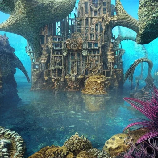 Prompt: beautifull ultra realistic render of underwater atlantis city with a lot of monster and dimensions, deep color scheme, epic, transcendental art, treanding on artstation, by ernst haeckel, 8 k, unreal engine render, realist, hyperdetailed, ornate, golden ratio, fractal, mandelbulb 3 d