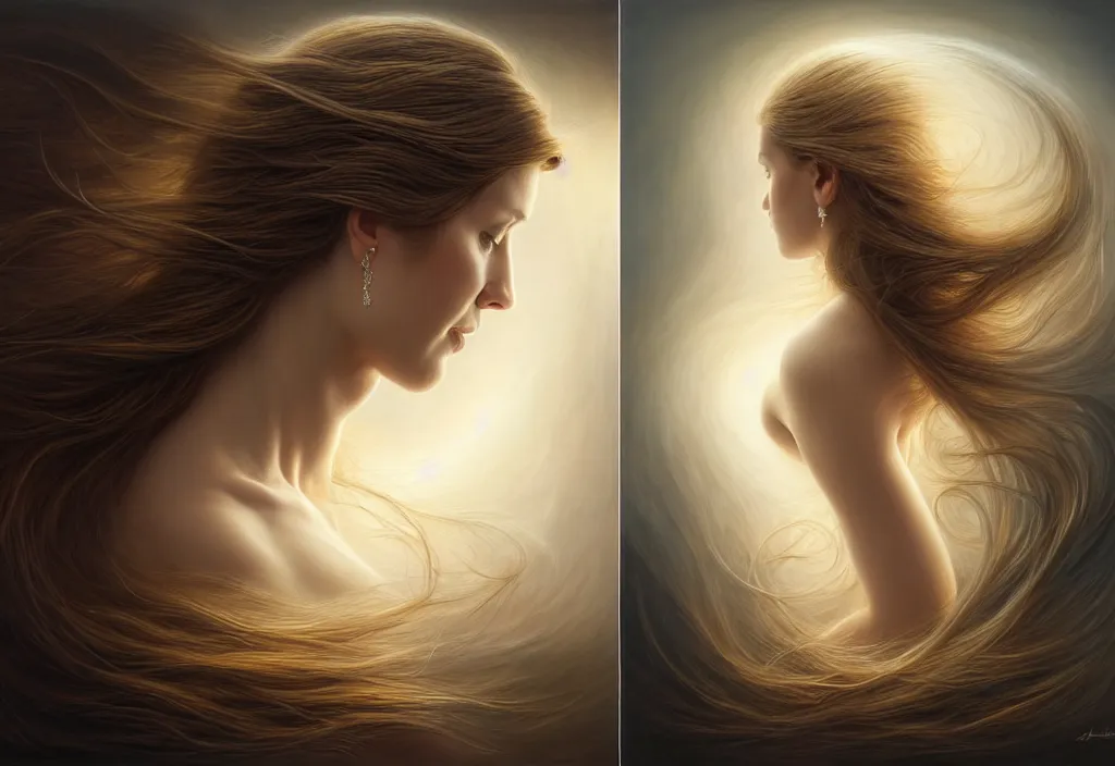 Image similar to picture split from the middle with an border, angels with different backroundsnon, intricate, elegant, highly detailed, realistic hair, centered, digital painting, art station, conceptual art, soft, sharp focus, illustration, artwork, artgerm, tomasz alen kopera, donato giancola, wlop, boris vallejo