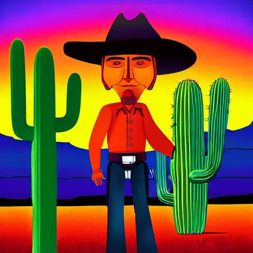 Prompt: digital art of cowboy on the range, beautiful New Mexico sunset, cactus, Art Deco, dark deco, award-winning composition, vibrant colors, vivid color, animated series, by Eric Radomski