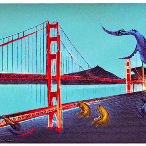 Prompt: a swarm of rabid rats invading the golden gate bridge by basil gogos