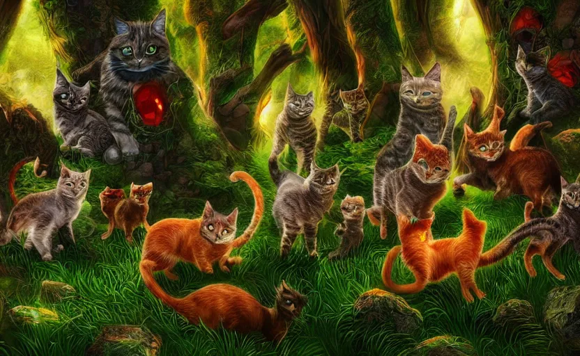 Prompt: a group of cats in a fantasy forest, epic vibrant digital art, 4k
