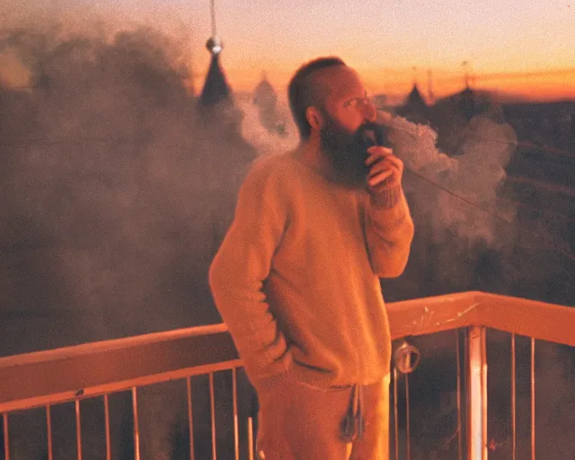 Image similar to lomo photo of 4 0 years russian man with beard and sweater standing on small hrushevka balcony full with cigarette smoke in small russian town looking at sunset, cinestill, bokeh