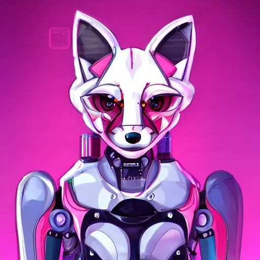 Image similar to digital art artstation, pixiv, portrait of a robotic fox with cybernetic body with pink hair, character fursona furry, furaffinity