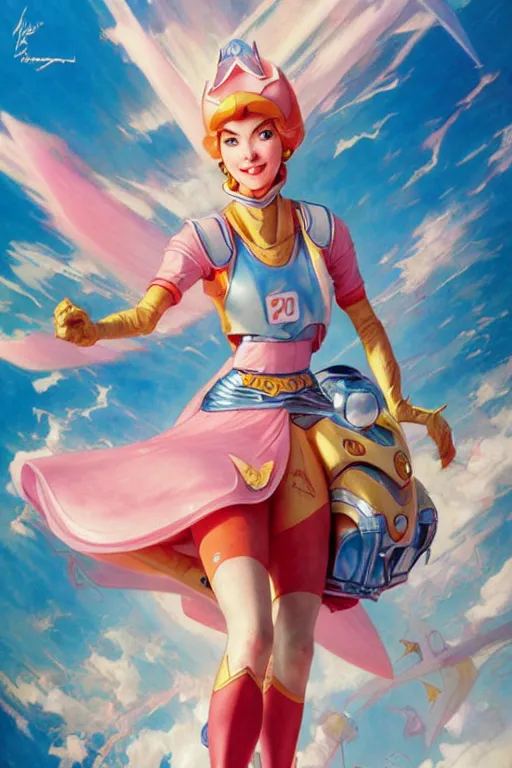 Prompt: princess peach style of speed racer, dynamic pose, retro anime, intricate, futuristic, fantasy, elegant, by Stanley Artgerm Lau, Margaret Keane, greg rutkowski, thomas kindkade, alphonse mucha, loish, norman Rockwell,