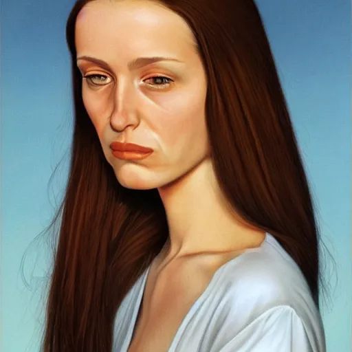 Prompt: a beautiful portrait of a tired, sickly, thin, young woman with thinning long brown hair, by greg hildebrandt