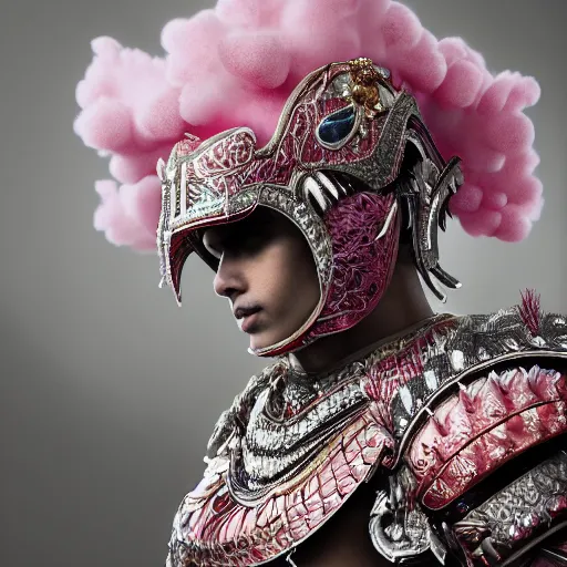 Prompt: a majestic soman wearing an intricate and detailed armor made of candy floss. layers. textures. delicate. elaborate. studio portrait. photorealistic. octane render