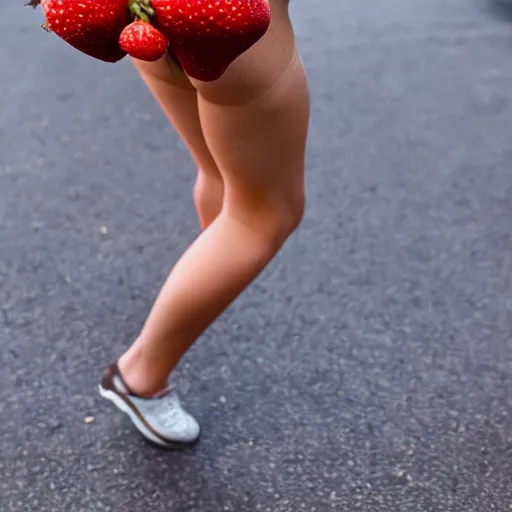 Image similar to a strawberry with cute human legs going for a stroll