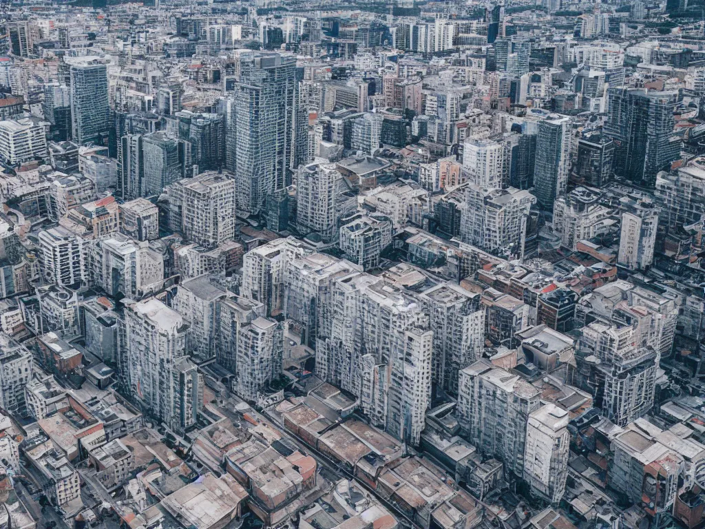 Prompt: drone view of a city, Brutalist architecture 4k