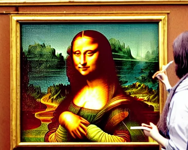 Prompt: color photo of leonardo da vinci painting the mona lisa