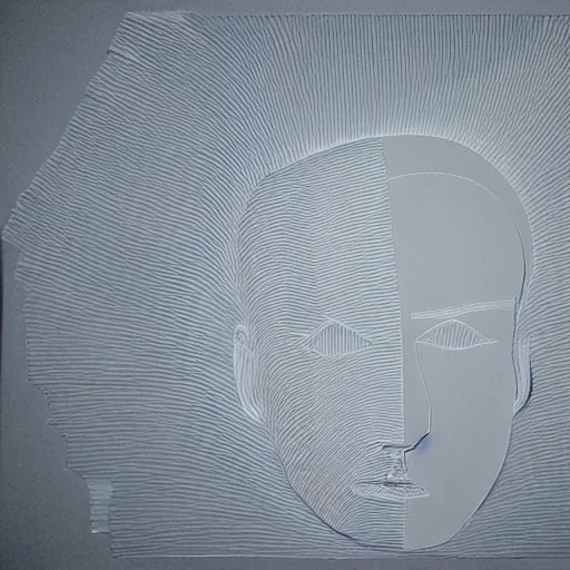 Prompt: a face of a man with wavey medium short hair made from layered paper, 2D, flat minimalistic, ambient light