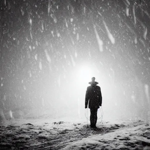 Prompt: a man holds a lantern, snowstorm, alien landscape, foggy, cold, view from the distance, black and white vintage photo