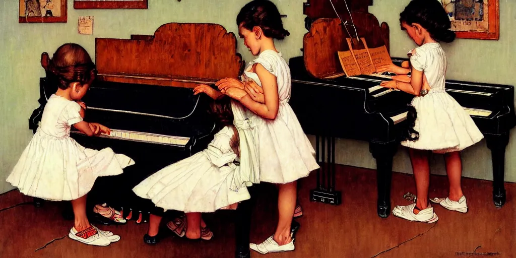 Image similar to Three children walk inside a piano by Norman Rockwell, hyper detailled, trending on artstation