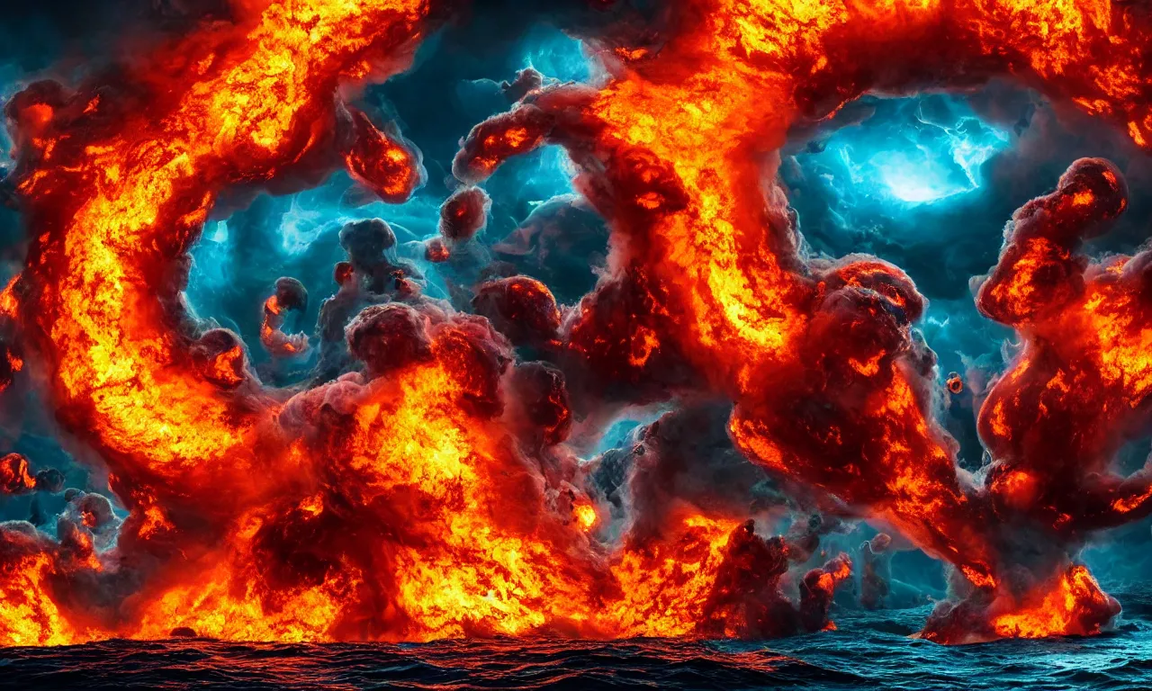 Prompt: the swirling portal in the ocean erupts violently with fire and brimstone as hellacious abominations appear to fly out of it in droves. photorealistic. intricate details. 3 5 mm photograph. dramatic lighting. action shot. absolute focus. masterpiece.