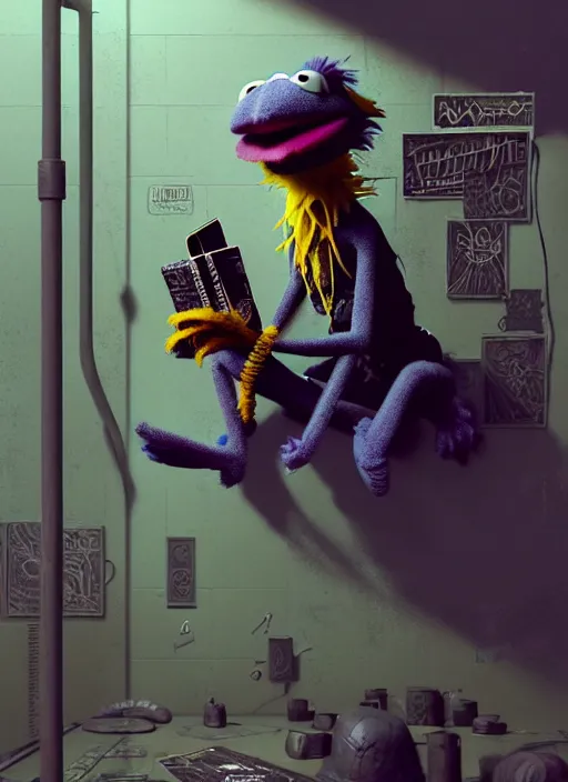 Image similar to highly detailed matte painting, of punk muppet sitting on maximalist 3 d calligraphy graffiti tag light eroding grey walls, by atey ghailan, by greg rutkowski, by greg tocchini, by james gilleard, by joe fenton, by kaethe butcher, yellow, brown, black and cyan mystical color scheme, grunge aesthetic, octane render