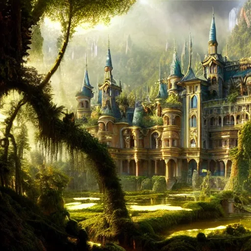 Prompt: a beautiful and highly detailed matte painting of an epic palace in a magical fantasy garden in a lush forest in the mountains, intricate details, epic scale, insanely complex, hyperdetailed, artstation, cgsociety, 8 k, sharp focus, hyperrealism, by caspar friedrich, albert bierstadt, james gurney, brian froud,