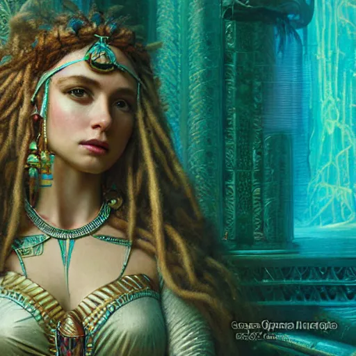 Prompt: octane render, artstation, 8 k, intricate detail, hyper detail, portrait by gaston bussiere, greg rutkowski, sandro botticelli, tan lady of elche egyptian sumerian techno mystic goddess princess intergalactica inanna with aqua neon rapunzel dreadlocks,