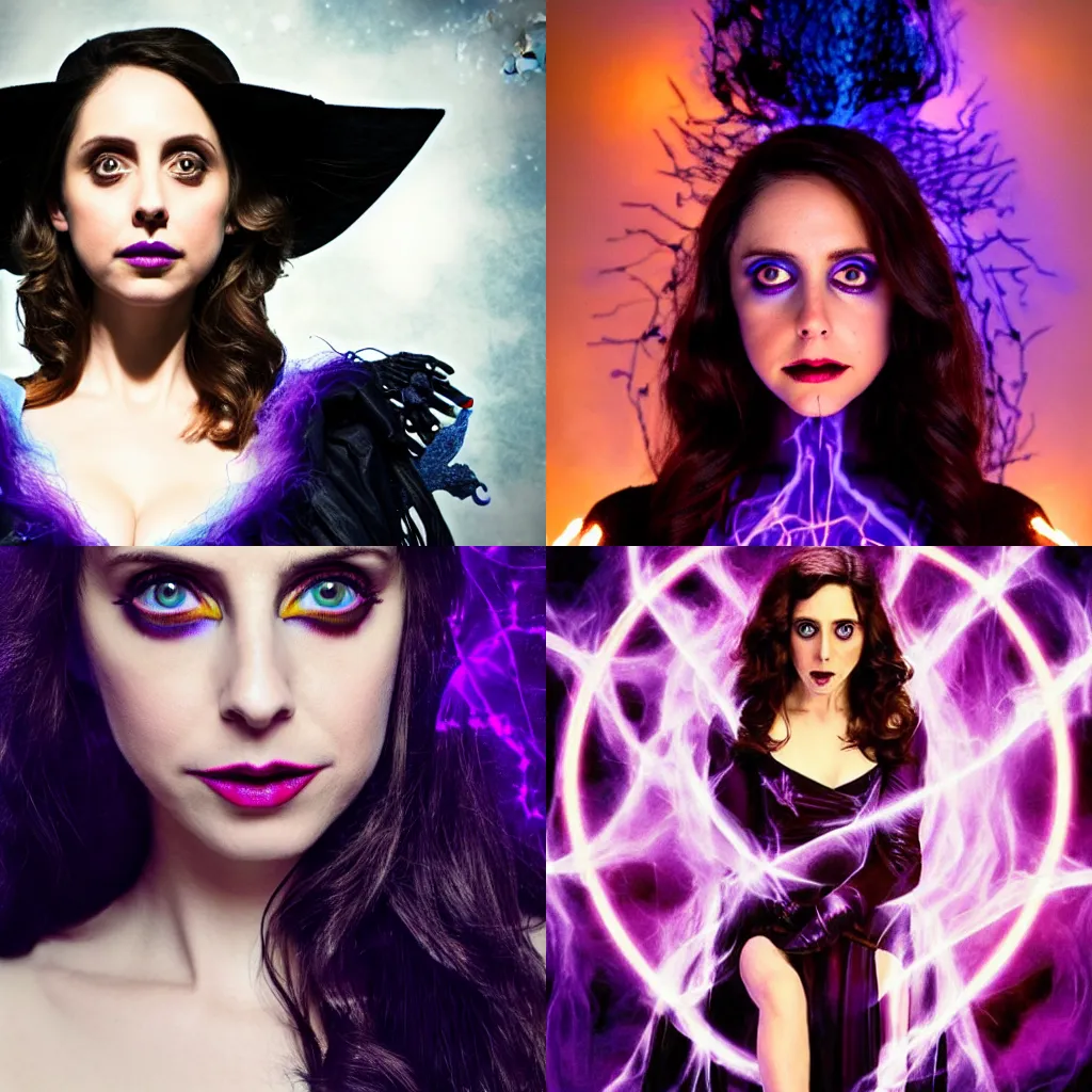 Image similar to Beautiful Alison Brie as a witch, in spooky and dark with den, lit by purple and blue flames, Symmetrical face, symmetrical eyes