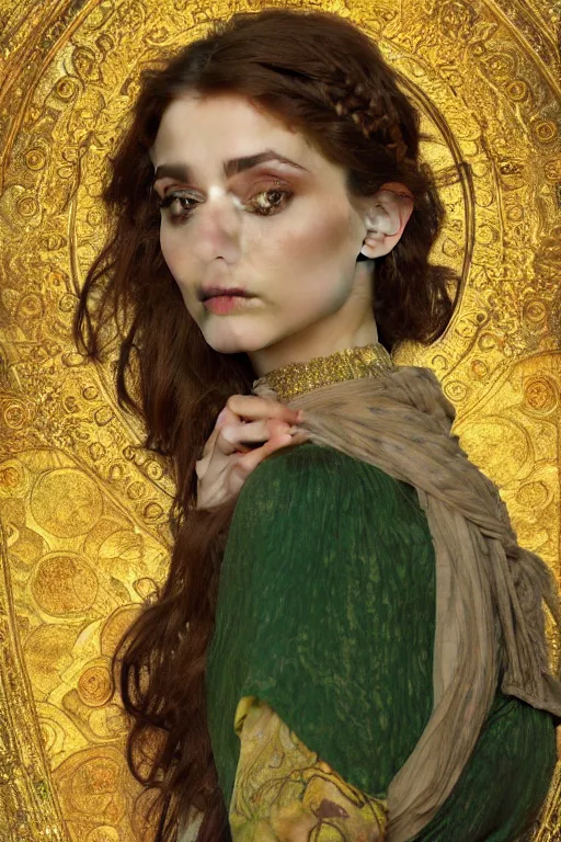 Prompt: 8k Portrait of a Beautiful Arabic female, sad green eyes, beautiful Porcelain skin, elegant, jewellery, digital painting, Pre-Raphaelites, highly detailed, concept art, cinematic lighting, smooth, sharp focus, gold and indigo, illustration, art by Klimt and Alphonse Mucha.