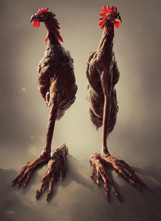 Image similar to two giant chicken legs, greg rutkowski, zabrocki, karlkka, jayison devadas, trending on artstation, 8 k, ultra wide angle, zenith view, pincushion lens effect