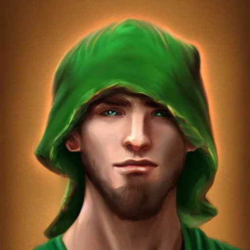 Image similar to realistic portrait, 25 years old man :: athletic fantasy mage :: green eyes, long brown hair :: wearing a brown robe :: high detail, digital art, RPG, concept art, illustration