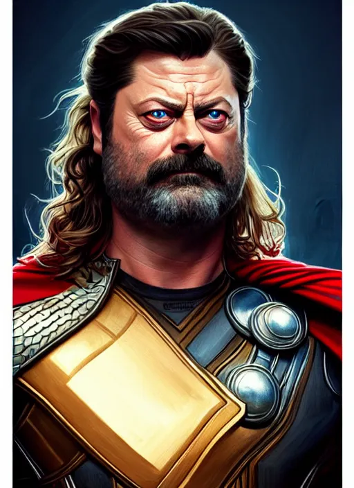 Prompt: portrait of nick offerman as thor, eyepatch, muscular, fantasy, intricate, elegant, highly detailed, digital painting, artstation, concept art, smooth, sharp focus, illustration, art by artgerm and greg rutkowski and alphonse mucha