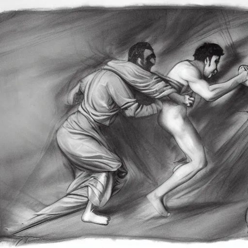 Image similar to 20 year old Mediterranean man fighting an 18 year old Mediterranean man, biblical clothing, highly realistic charcoal sketch