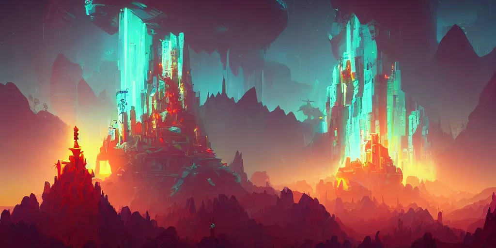 Image similar to Cyberpunk Mountain Temple, by Anton Fadeev and Joe Fenton