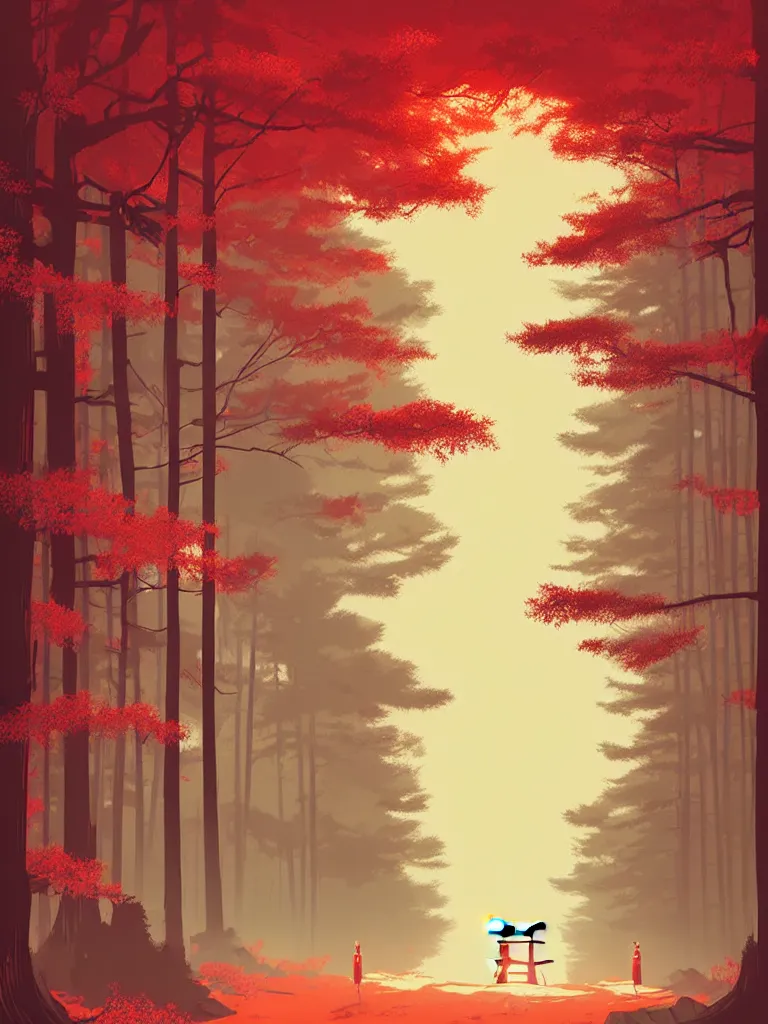 Image similar to a poster depicting a japanese torii gate in a forest, vintage style, detailed illustration, digital painting, vector art, trending on artstration, by anton fadeev, by alena aenami