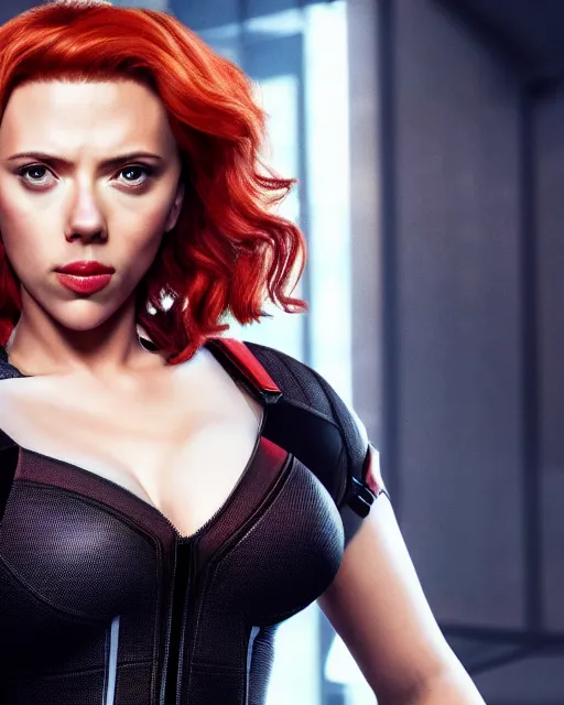 Image similar to film still of beautiful scarlett johansson wearing a fat costume as black widow from 2 0 1 2's the avengers, cinematic lighting, octane render, backlit, rim lighting, 8 k resolution