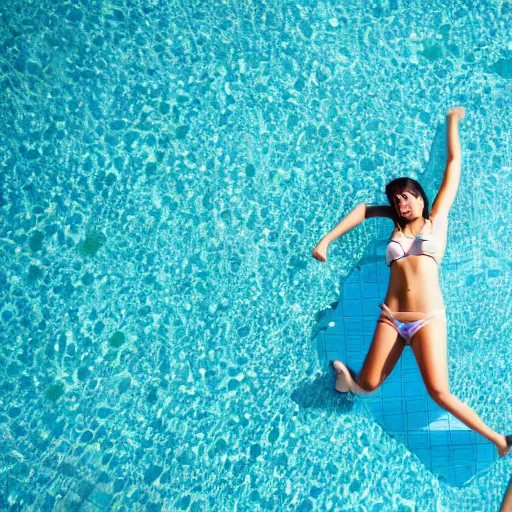 Prompt: a huge pool with honey, a girl lies on a mattress in the middle of the pool, top view, professional shooting