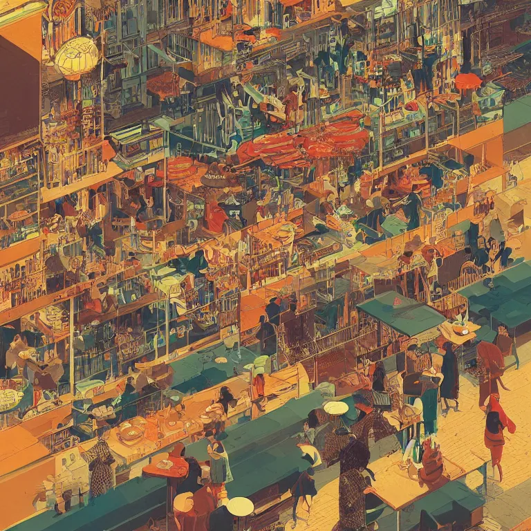 Prompt: isometric view illustration of a very lively restaurant and bar neighborhood , highly detailed, end of the day, by Victo Ngai and Bruce Pennington