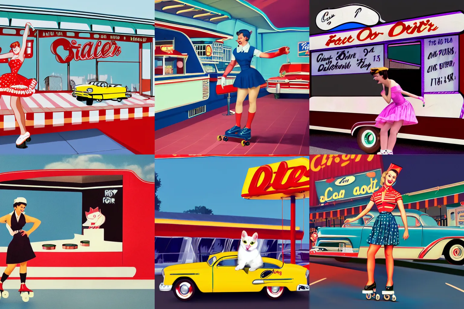 Prompt: cat as a 1950s roller skating carhop at a drive-in diner by Zoe Mozert, trending on artstation, 4k