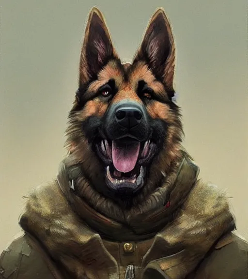 Image similar to Norwegian forest war action portrait of furry anthro anthropomorphic german shepard head animal person fursona wearing clothes modern soldier tactical digital art by Greg Rutkowski, Simon Stalenhag, trending on Artstation, CGSociety