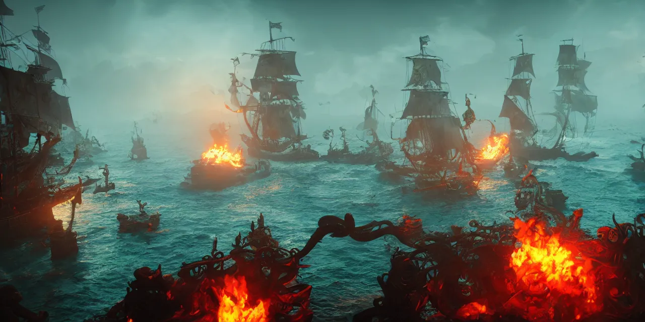 Image similar to pirates vs the kraken tentacles coming out of the water, cinematic, foggy, volumetric lighting, fire, unreal engine, trending on artstation