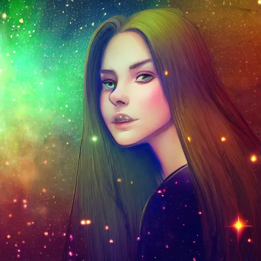 Image similar to an hd photo of a young woman with brown hair, green eyes. background of beautiful trees and night sky with multicolor stars and galaxies, trending on artstation