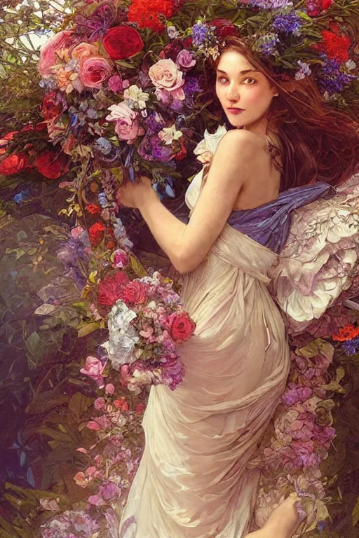 Image similar to a beautiful mysterious woman holding a large bouquet of flowing flowers, sleeping in an elaborate coffin, fantasy, regal, intricate, by stanley artgerm lau, greg rutkowski, thomas kindkade, alphonse mucha, loish, norman rockwell