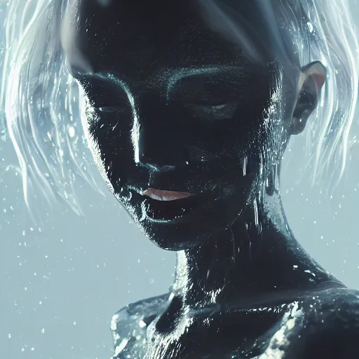 Prompt: beautiful dark carbon princess kissing emerging from melting dark liquid, translucent, in black water, steam and fog, glossy reflections, refractions, rim light, elegant, analog photography, depth of field, glints, glows, cgi, raytracing, octane render, prometheus, alien, blade runner, akira, matrix, hyperrealistic =