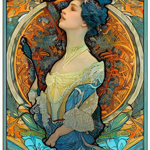 Image similar to ethereal nightingale bird made of fabric, alphonse mucha, ganbrood william morris, delicate, textured, ornate, complex detailed illustration, swirling, octane render, intricate detail, orange blue gold