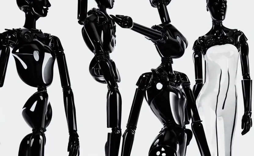 Prompt: gleaming black construction robots designed by alexander mcqueen, award winning fashion photography, beautiful soft lighting